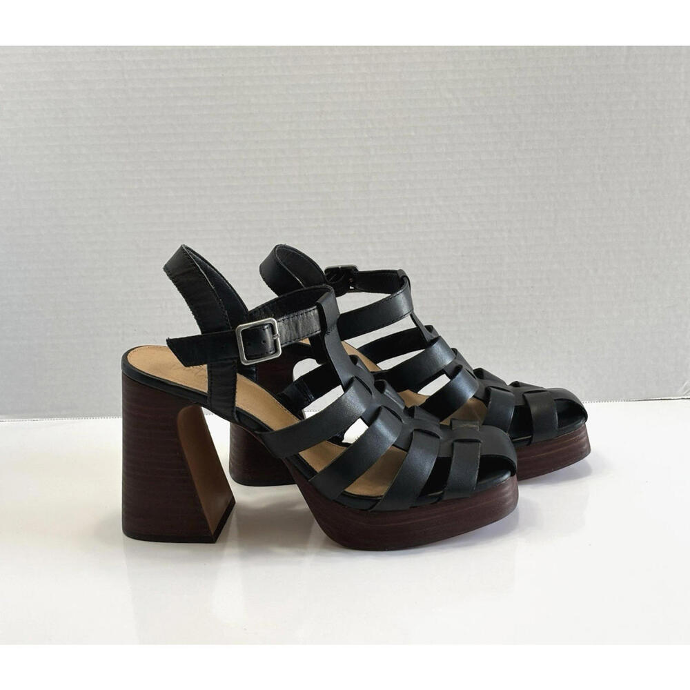 Crown Vintage Farlie Womens Size 9M Black Leather Ankle Strap Block Heel Sandals - Picture 2 of 16